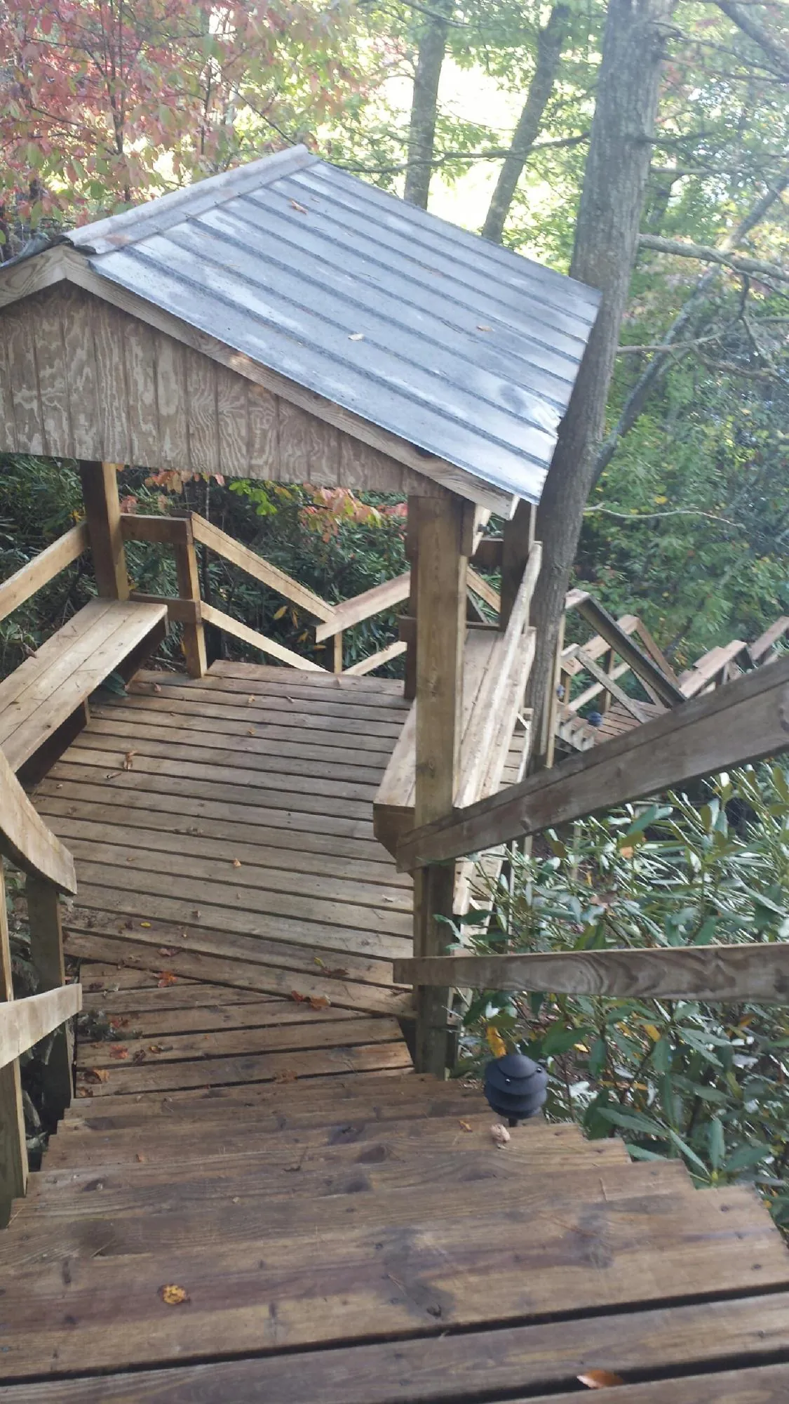 Metal roofed shelter over wooden steps on a wooded walkway — Skylight Repair & Installation work by our crew in Burnside